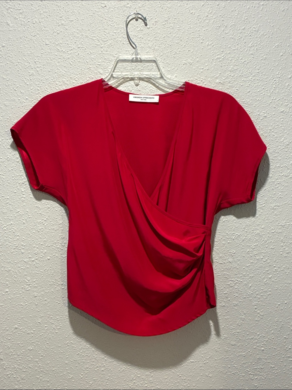Amanda Uprichard Crimson Red Draped V-Neck Short Sleeve Silk Blouse